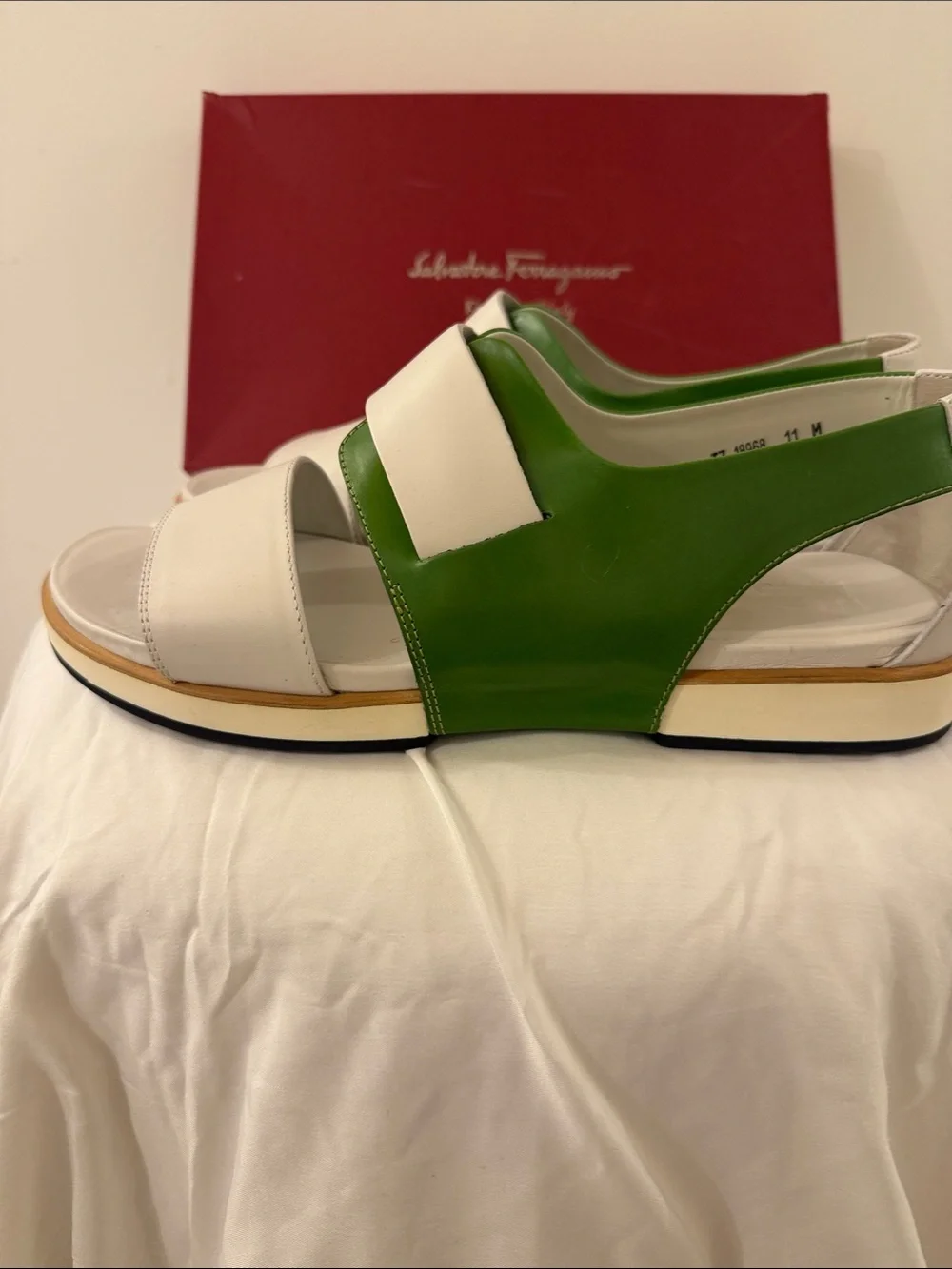 Salvatore Ferragamo White and Green Leather Strap Sandals